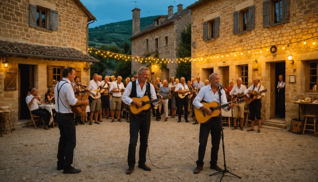 Festival occitan de plein air en Aveyron, concert et danses traditionnelles au coucher du soleil