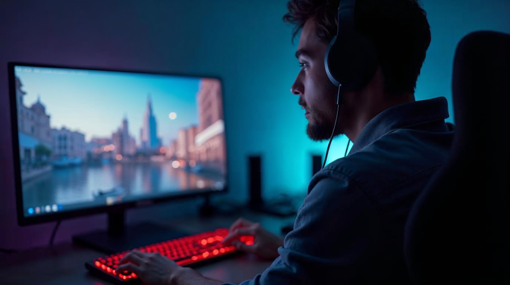 Personne au casque regardant un stream sur écran dans une chambre sombre