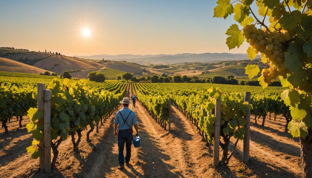 Rangs de vigne baignés de lumière dorée pendant des vendanges précoces en Languedoc