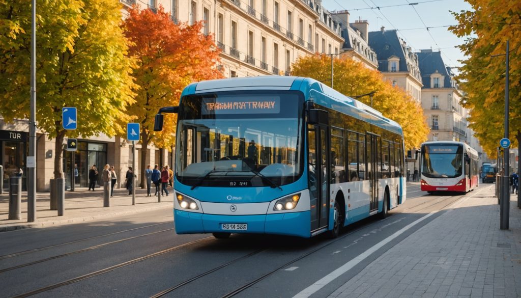 Bus et tramway du réseau de transport en commun d'une ville française en fin d'été