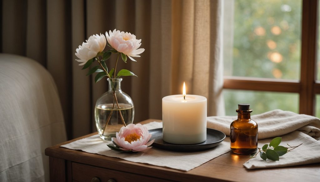 Bougie allumée, flacon d'huile de massage et pivoines sur une table de chevet