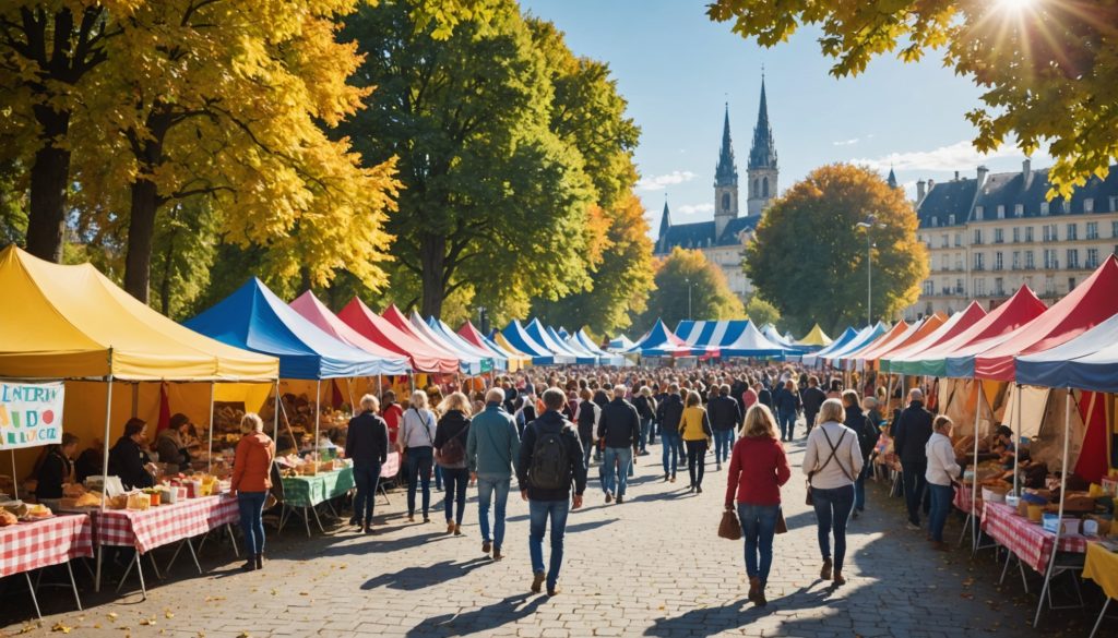 Forum associatif en plein air dans un parc, stands colorés et visiteurs de tous âges