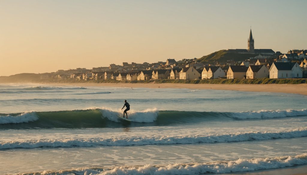 Surfeur sur une vague au coucher du soleil sur le littoral atlantique vendéen
