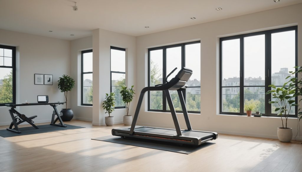 Tapis de course installé dans un coin fitness lumineux à la maison