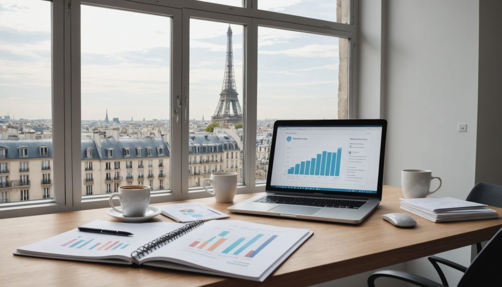 Bureau lumineux avec un ordinateur portable affichant des graphiques de trafic, des cahiers de statistiques et une vue sur les toits de Paris