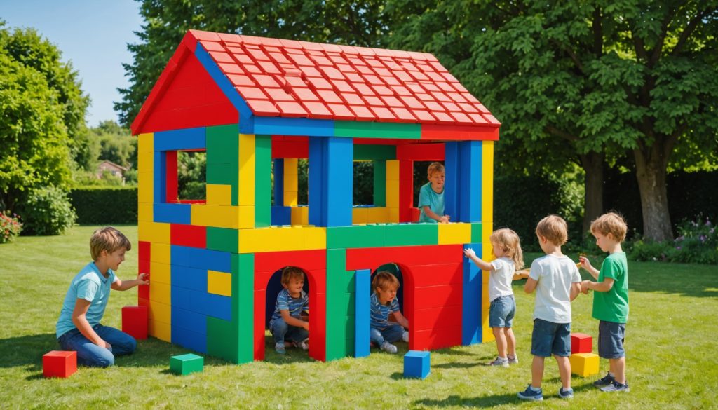Enfants assemblant une cabane grandeur nature avec des briques de construction géantes multicolores sur une pelouse