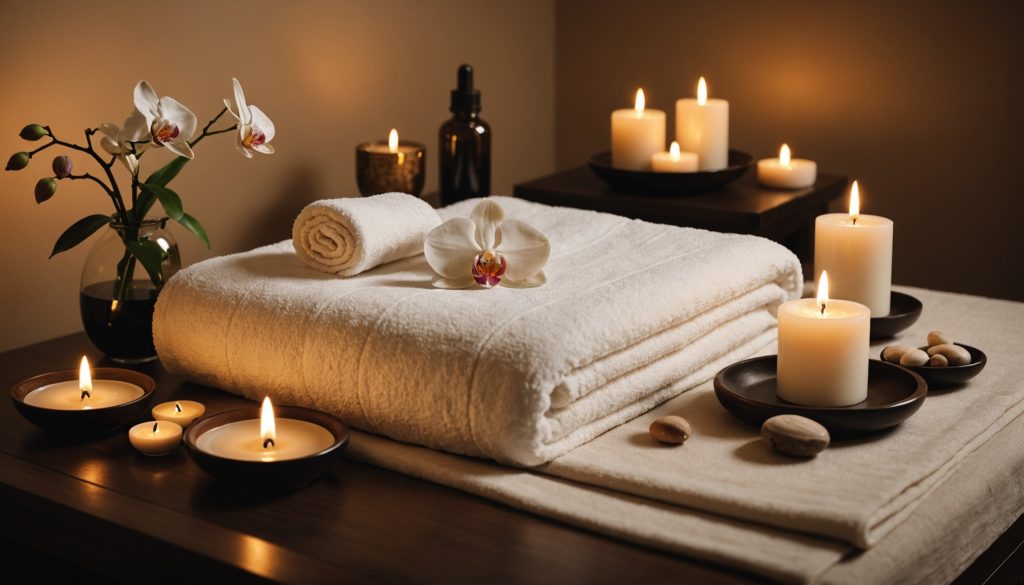 Salle de massage calme avec une table couverte de serviettes blanches, des bougies et de petits flacons d’huiles naturelles
