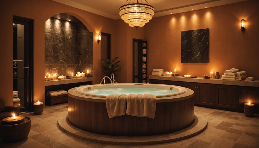 Espace de détente avec un jacuzzi bouillonnant, des murs de pierre, des serviettes pliées et des bougies sous une lumière ambrée