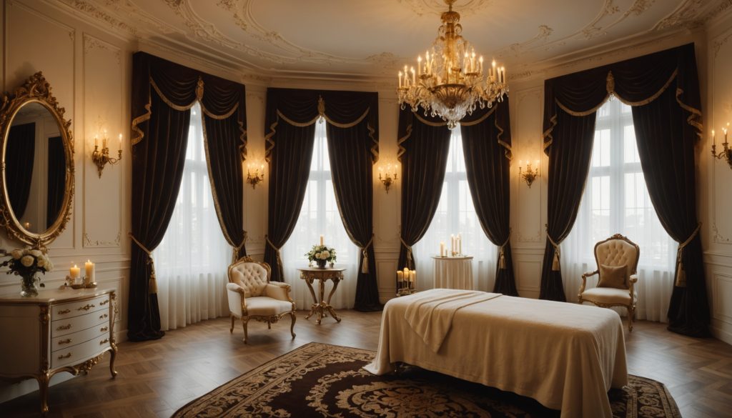 Salon de relaxation de style baroque avec rideaux de velours, lustre, miroir doré et table de massage couverte de serviettes